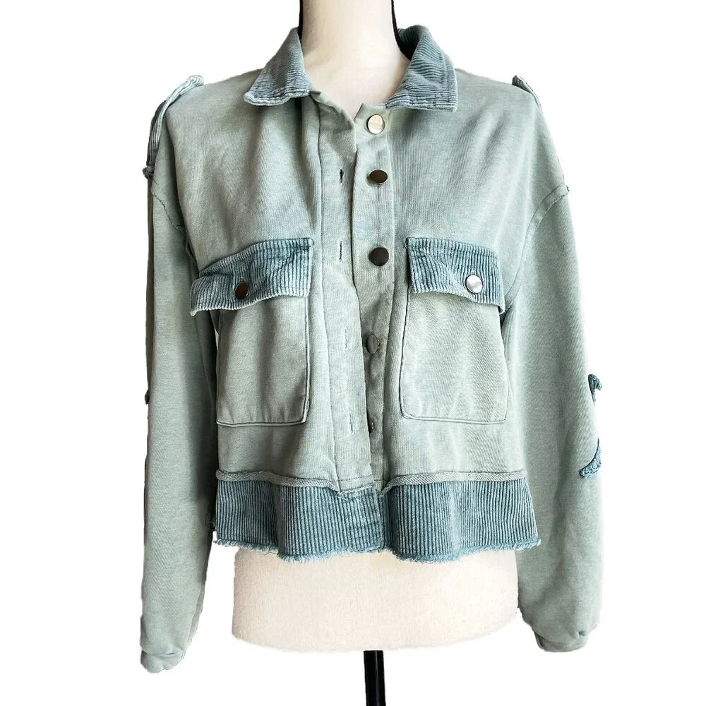 POL Teal French Terry Knit Boho Jacket Corduroy SMALL - Picture 1 of 12